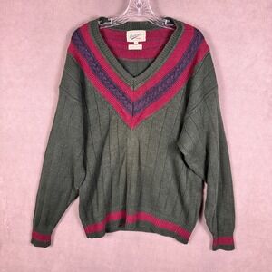 Vintage Authentic Sport Mens Sweater L Green V-Neck Grandpa